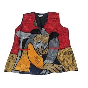 Silkworm's Picasso Button Front Vest Large Vintage 80s 90s Multicolored Tie Back